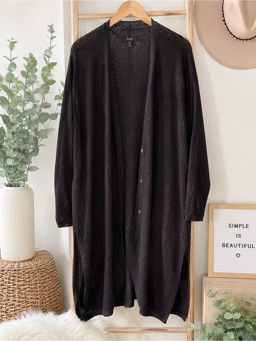 Eileen Fisher Cardigan Organic Linen Cotton Open Knit Duster Black Large